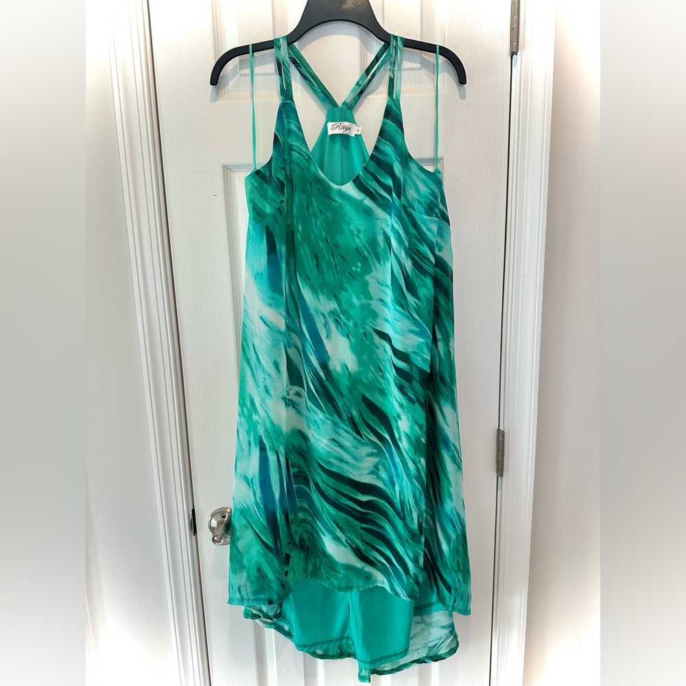 Teal Abstract Marble Print Strappy High-Low Dress (Size 12)
